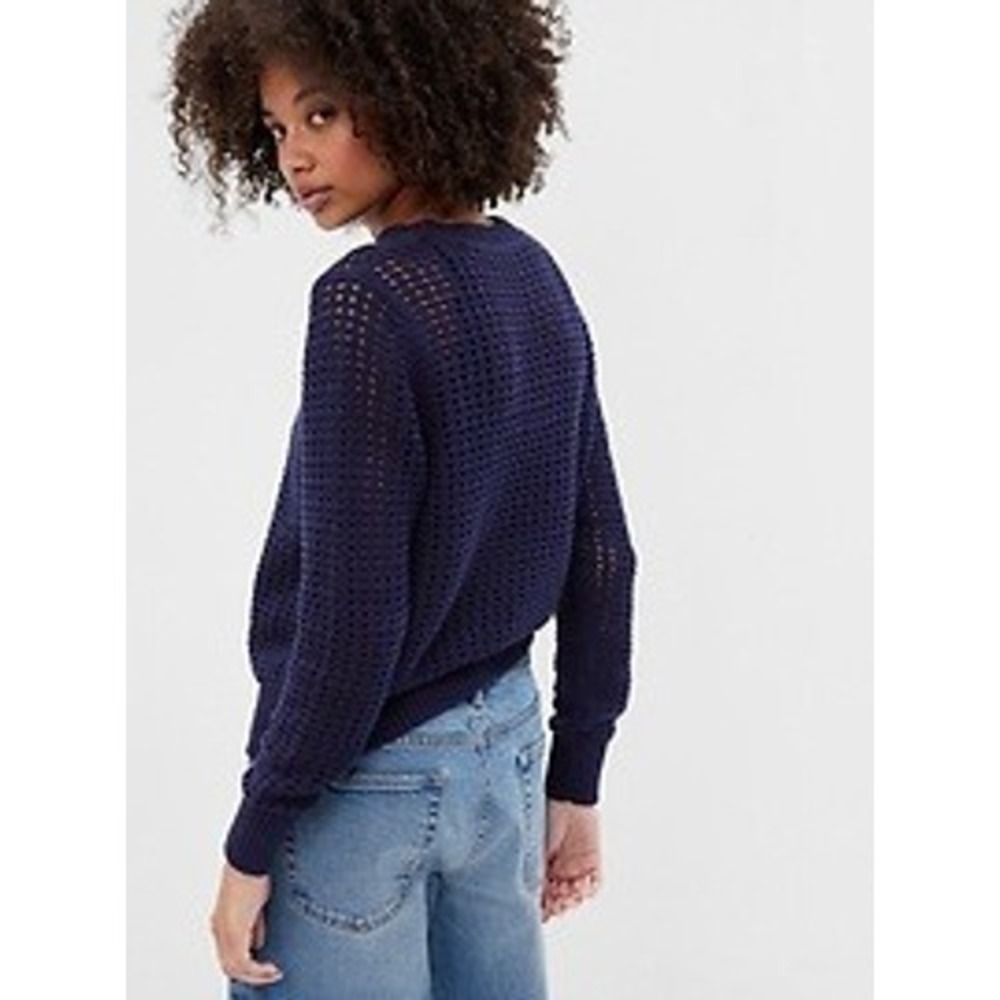 GAP Womens Crochet Crewneck Pullover Sweater Long Sleeve Navy Blue Small Coastal